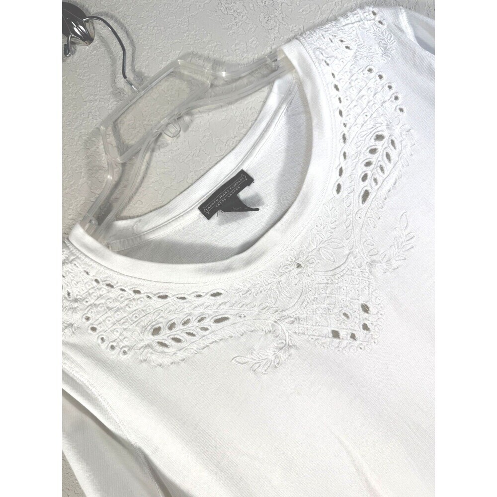 Lauren Ralph Lauren White Cotton Eyelet Embroidered Top L 3/4 Sleeves Preppy - Picture 3 of 6